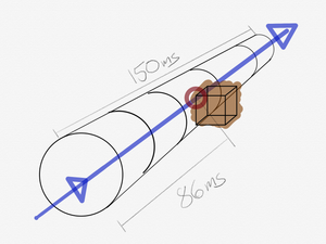 Image of the vortex with an object inside it, showing  how we'll collide after 86ms of our journey